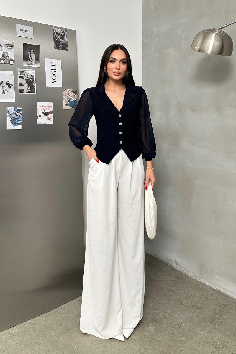 Kadın Gömlek Düğmeli Uzun Tül Kollu Ceket Yaka Bele Oturan Gömlek