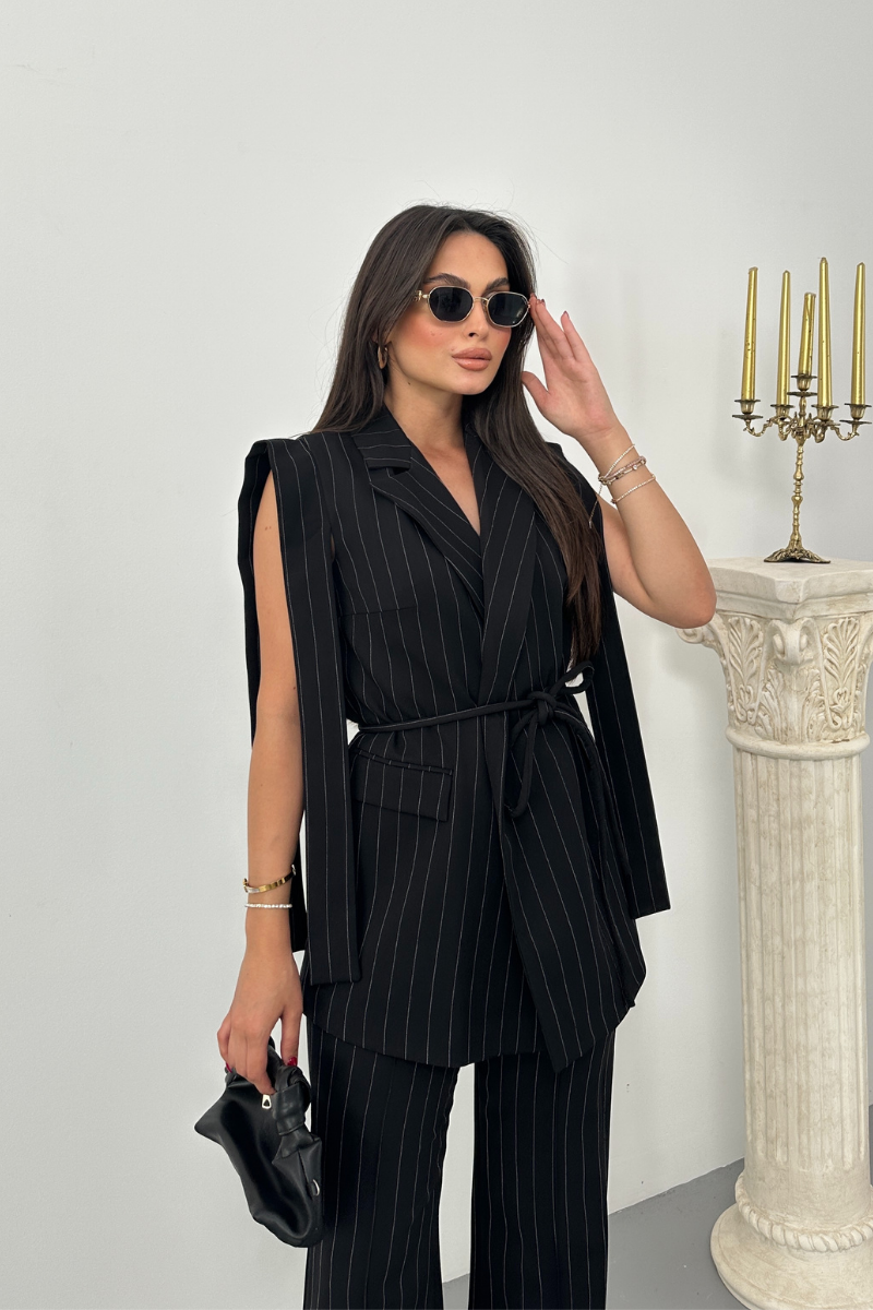Kadın Alt Üst İkili Takım Çizgili Omuz Detaylı Kuşaklı Yelek Pantolon Takım