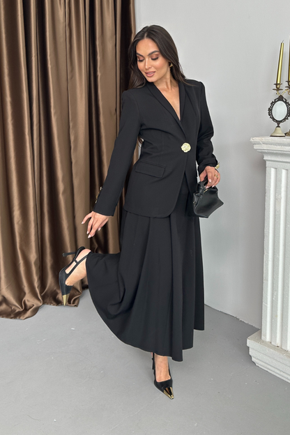 Kadın İkili Takım Şık Düğme Detaylı Dik Yaka Blazer Ceket Uzun Etek Takım