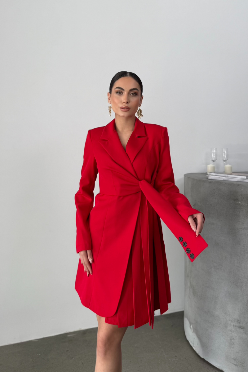 Kadın Elbise Mini Şık Uzun Kollu Kuşaklı Kruvaze Yaka Pileli Ceket Elbise