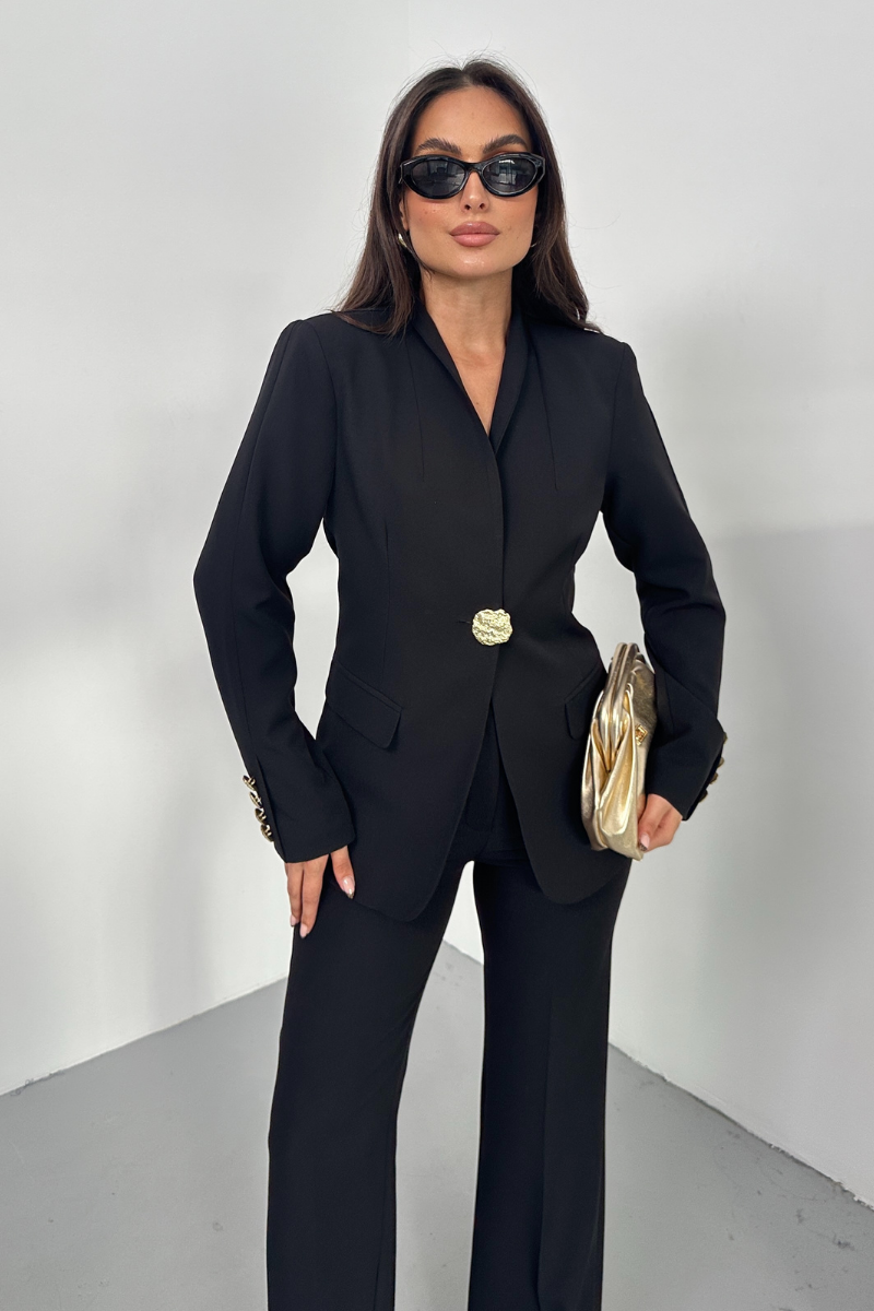 Kadın İkili Takım Şık Düğme Detaylı Dik Yaka Blazer Ceket Bol Paça Pantolon Takım