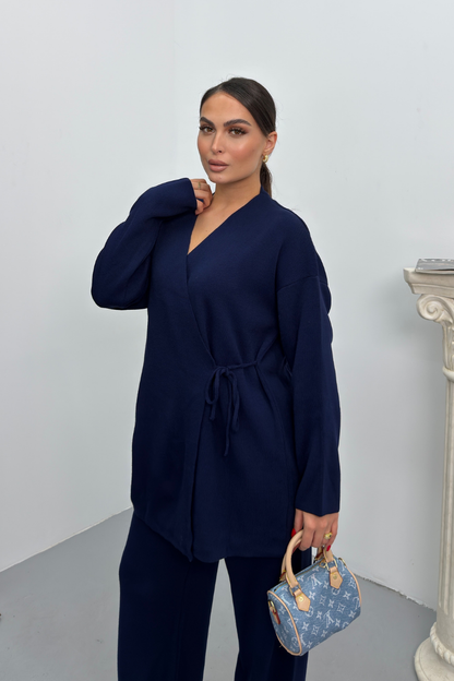 Kadın İkili Alt Üst Takım Triko Yandan Bağcıklı Kruvaze Hırka Bol Paça Pantolon Örme Takım