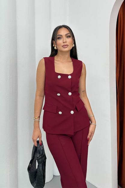 Kadın İkili Alt Üst Takım Şık Düğme Detaylı Kare Yaka Yelek Pantolon Takım