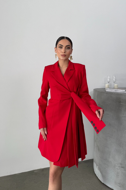 Kadın Elbise Mini Şık Uzun Kollu Kuşaklı Kruvaze Yaka Pileli Ceket Elbise