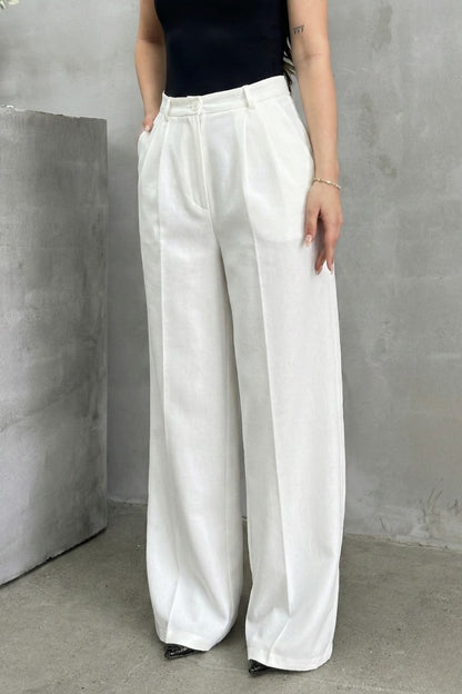 Kadın Palazzo Pantolon Düğmeli Çift Cepli Bol Paça Pantolon