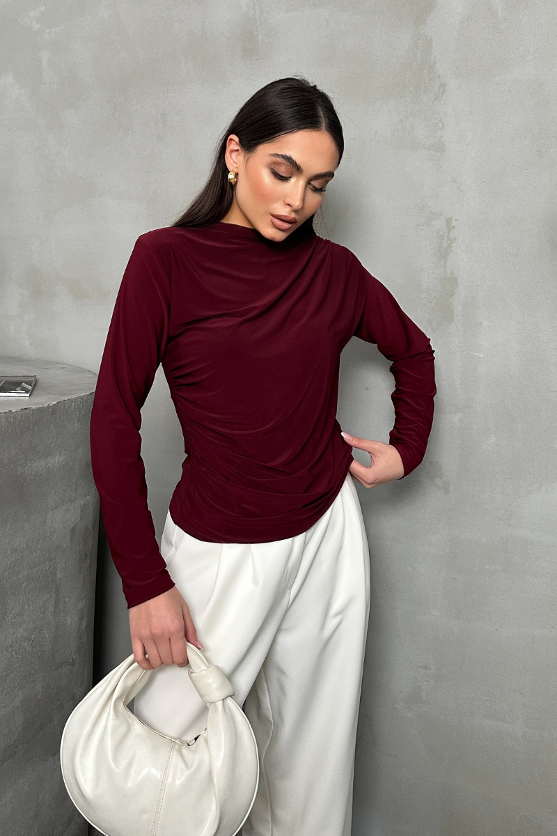 Kadın Bluz Drapeli Uzun Kollu Sandy Kumaş