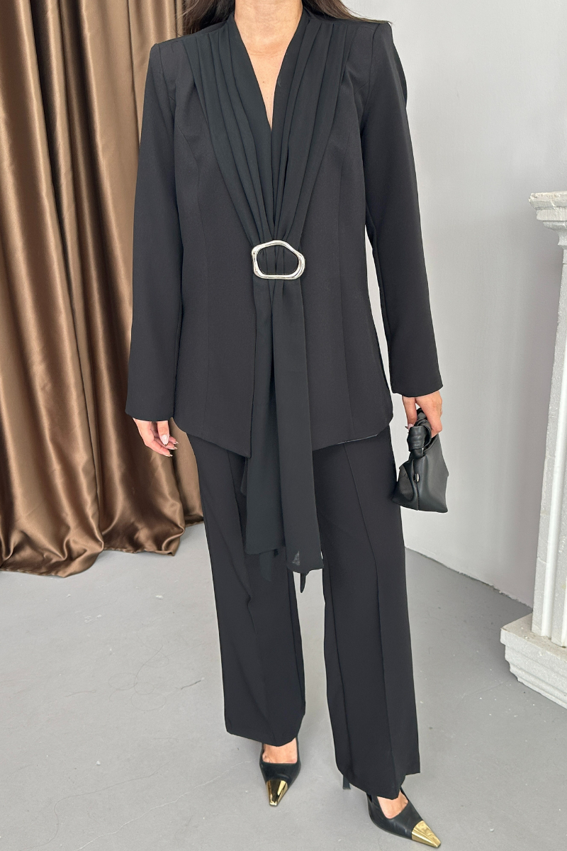 Kadın İkili Alt Üst Takım Şık Şal Yaka Tokalı Ceket Bol Paça Pantolon Takım