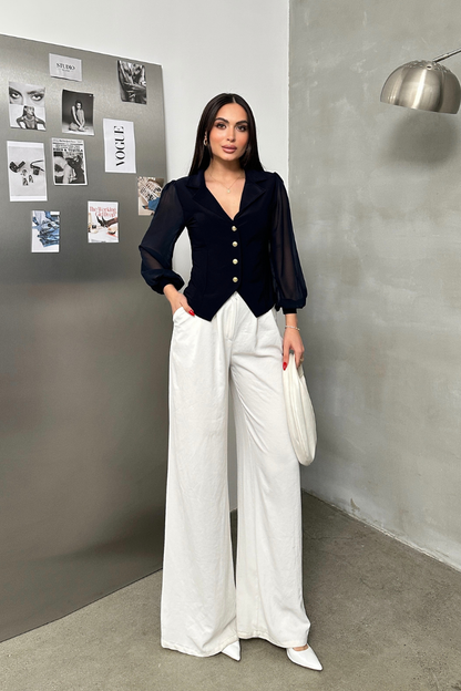 Kadın Gömlek Düğmeli Uzun Tül Kollu Ceket Yaka Bele Oturan Gömlek