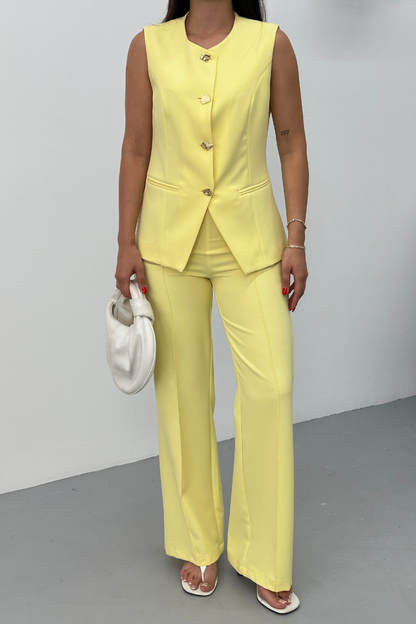 Kadın İkili Alt Üst Takım Şık Düğme Detaylı Bisiklet Yaka Regular Yelek Pantolon Takım