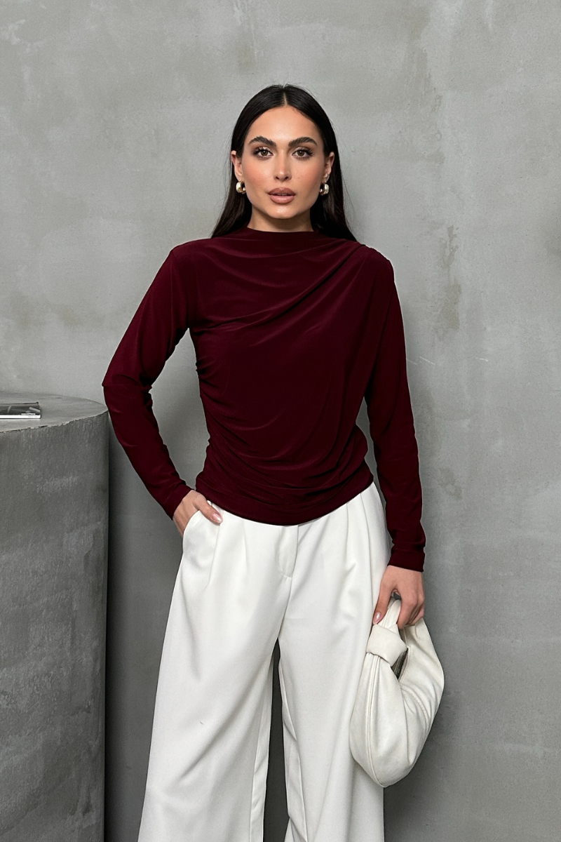 Kadın Bluz Drapeli Uzun Kollu Sandy Kumaş