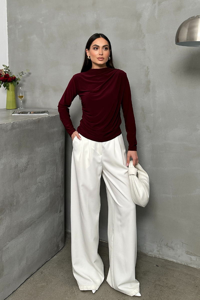 Kadın Bluz Drapeli Uzun Kollu Sandy Kumaş