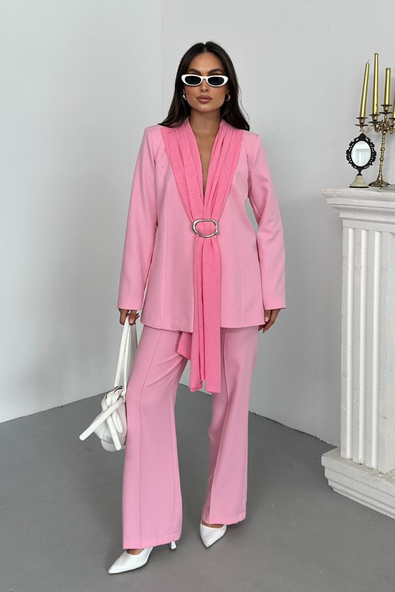 Kadın İkili Alt Üst Takım Şık Şal Yaka Tokalı Ceket Bol Paça Pantolon Takım