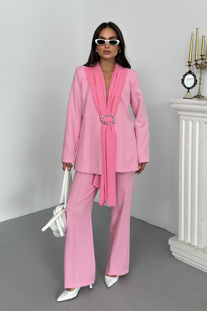 Kadın İkili Alt Üst Takım Şık Şal Yaka Tokalı Ceket Bol Paça Pantolon Takım
