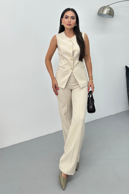 Kadın İkili Alt Üst Takım Şık Düğme Detaylı Bisiklet Yaka Regular Yelek Pantolon Takım