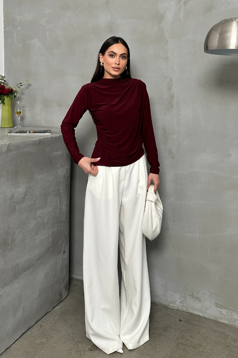 Kadın Bluz Drapeli Uzun Kollu Sandy Kumaş