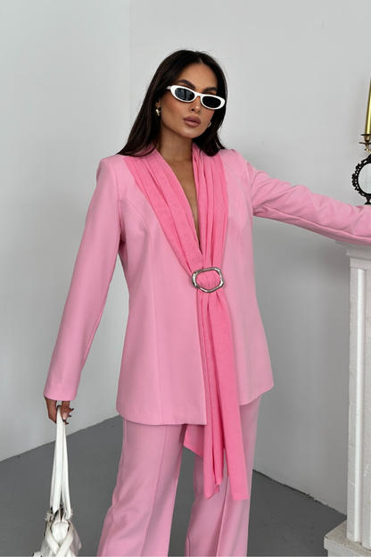Kadın İkili Alt Üst Takım Şık Şal Yaka Tokalı Ceket Bol Paça Pantolon Takım