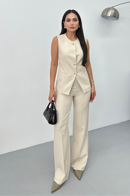 Kadın İkili Alt Üst Takım Şık Düğme Detaylı Bisiklet Yaka Regular Yelek Pantolon Takım