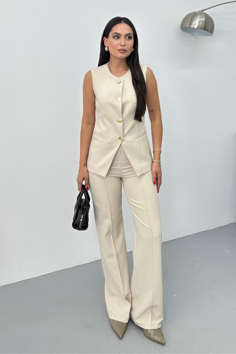 Kadın İkili Alt Üst Takım Şık Düğme Detaylı Bisiklet Yaka Regular Yelek Pantolon Takım