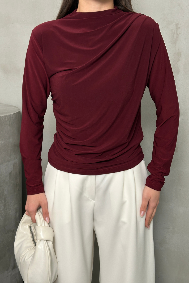 Kadın Bluz Drapeli Uzun Kollu Sandy Kumaş