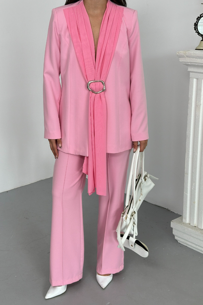 Kadın İkili Alt Üst Takım Şık Şal Yaka Tokalı Ceket Bol Paça Pantolon Takım