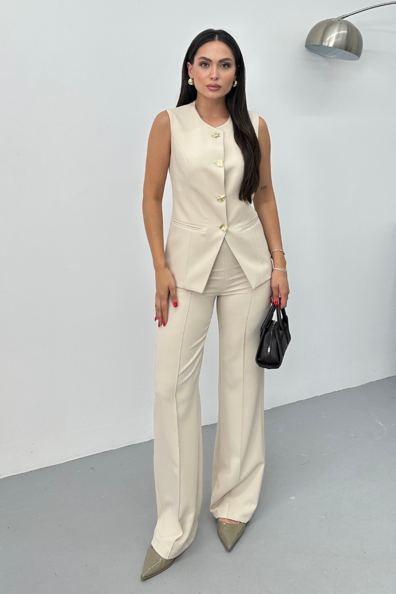 Kadın İkili Alt Üst Takım Şık Düğme Detaylı Bisiklet Yaka Regular Yelek Pantolon Takım