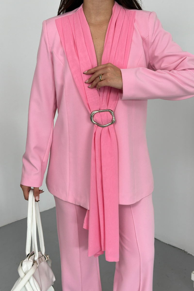 Kadın İkili Alt Üst Takım Şık Şal Yaka Tokalı Ceket Bol Paça Pantolon Takım