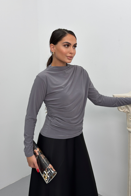 Kadın Bluz Drapeli Uzun Kollu Sandy Kumaş Yüksek Yakalı Likralı Bluz