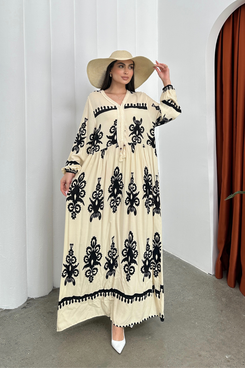 Kadın Elbise Uzun Yazlık Desenli V Yaka Tesettür Elbise