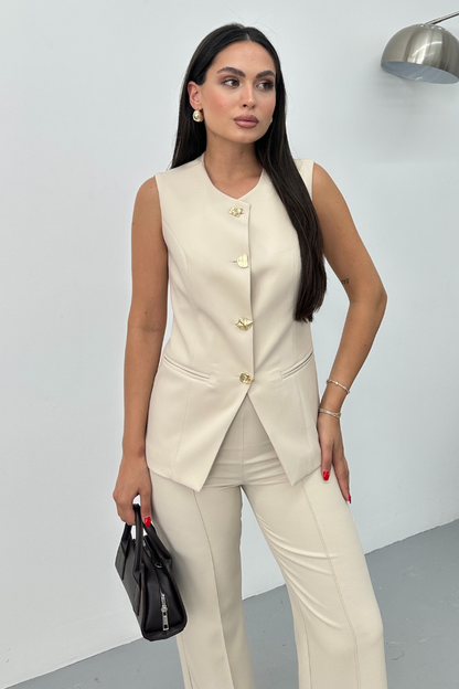 Kadın İkili Alt Üst Takım Şık Düğme Detaylı Bisiklet Yaka Regular Yelek Pantolon Takım