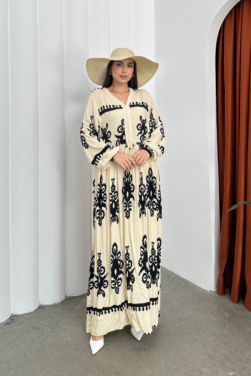 Kadın Elbise Uzun Yazlık Desenli V Yaka Tesettür Elbise