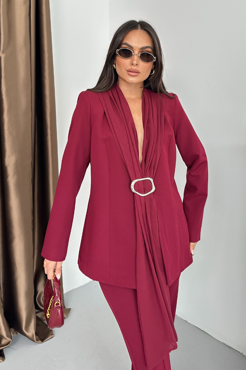 Kadın İkili Alt Üst Takım Şık Şal Yaka Tokalı Ceket Bol Paça Pantolon Takım