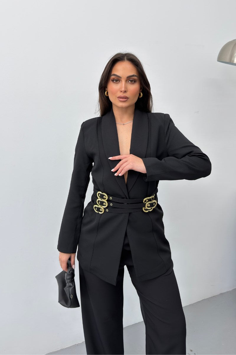Kadın Siyah İkili Takım Şık Gold Kemerli Vatkalı Blazer Ceket Bol Paça Pantolon Takım