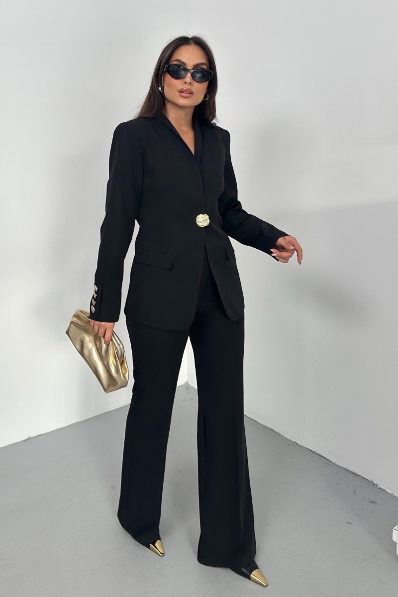 Kadın İkili Takım Şık Düğme Detaylı Dik Yaka Blazer Ceket Bol Paça Pantolon Takım