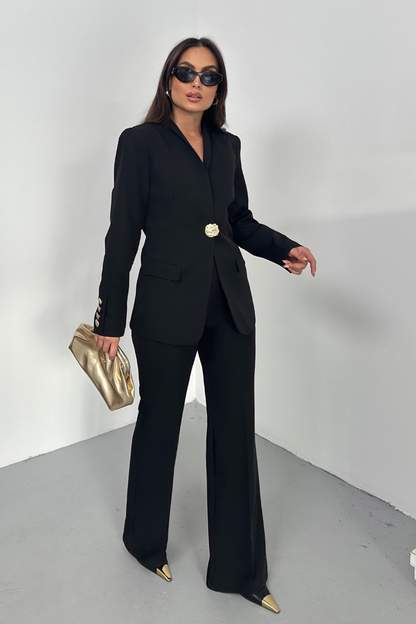 Kadın İkili Takım Şık Düğme Detaylı Dik Yaka Blazer Ceket Bol Paça Pantolon Takım