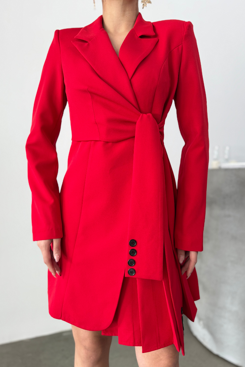 Kadın Elbise Mini Şık Uzun Kollu Kuşaklı Kruvaze Yaka Pileli Ceket Elbise