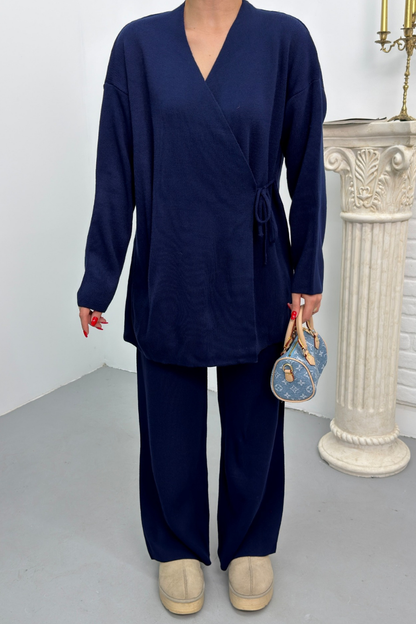 Kadın İkili Alt Üst Takım Triko Yandan Bağcıklı Kruvaze Hırka Bol Paça Pantolon Örme Takım