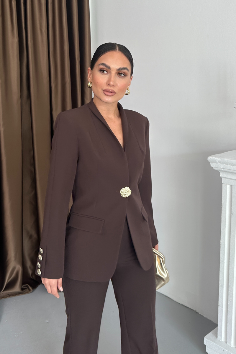 Kadın İkili Takım Şık Düğme Detaylı Dik Yaka Blazer Ceket Bol Paça Pantolon Takım