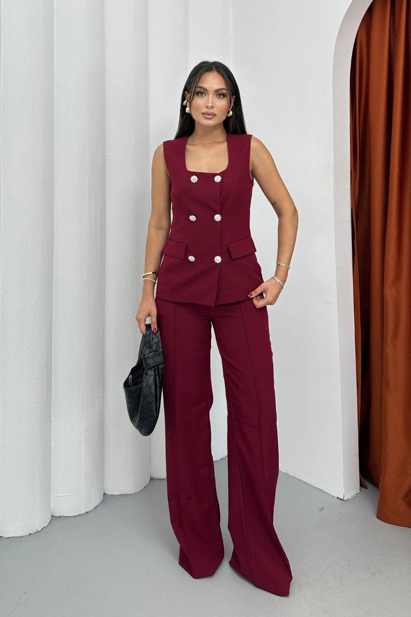 Kadın İkili Alt Üst Takım Şık Düğme Detaylı Kare Yaka Yelek Pantolon Takım