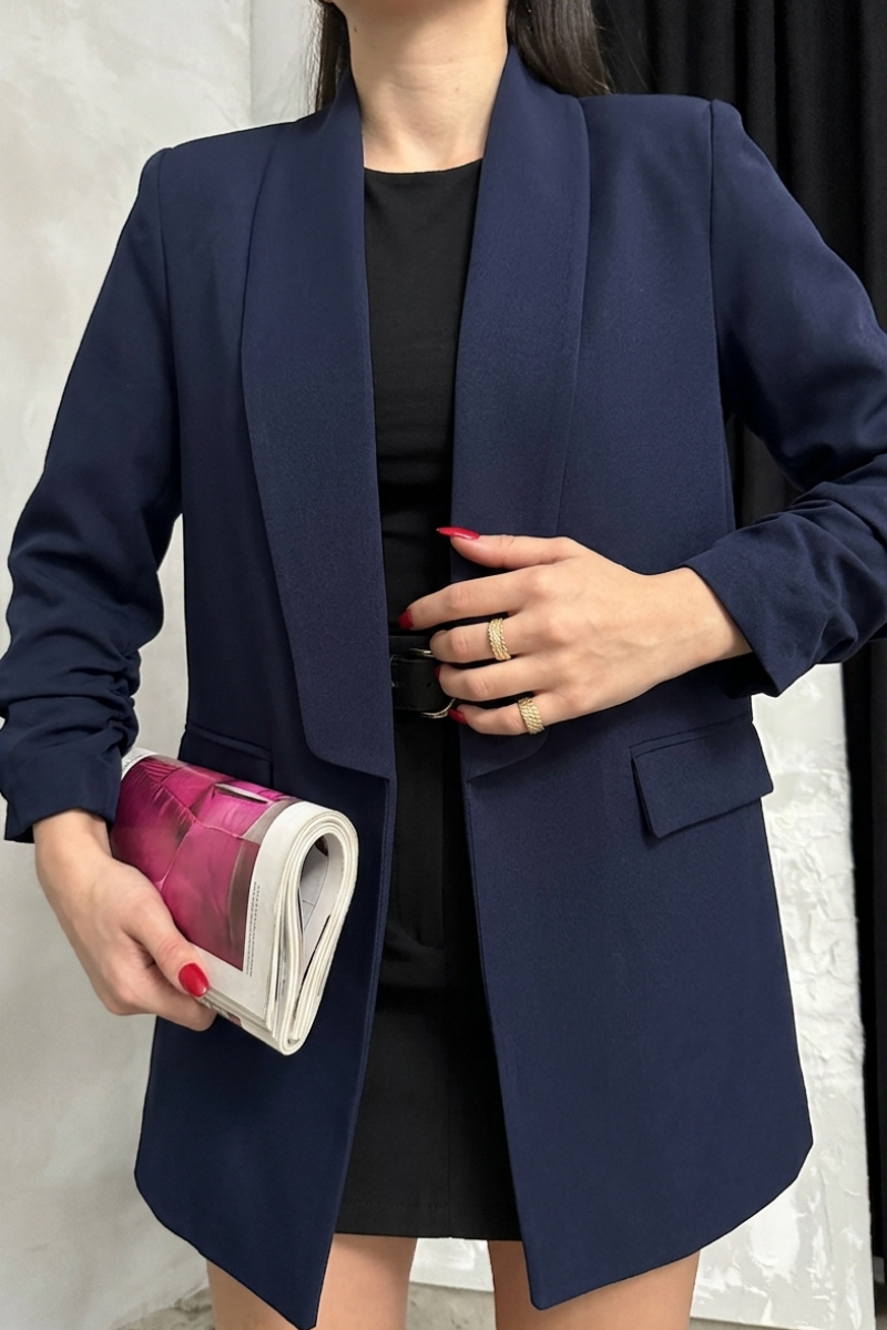 Kadın Blazer Ceket Şal Yaka Kolu Büzgülü Uzun Kollu Cep Görünümlü Regular Kalıp Astarlı Ceket