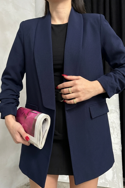 Kadın Blazer Ceket Şal Yaka Kolu Büzgülü Uzun Kollu Cep Görünümlü Regular Kalıp Astarlı Ceket
