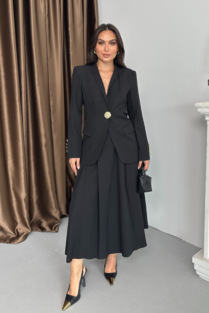 Kadın İkili Takım Şık Düğme Detaylı Dik Yaka Blazer Ceket Uzun Etek Takım