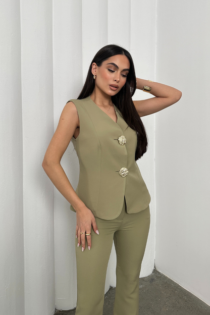 Kadın Alt Üst Takım Şık Düğme Detaylı Yelek Pantolon İkili Takım