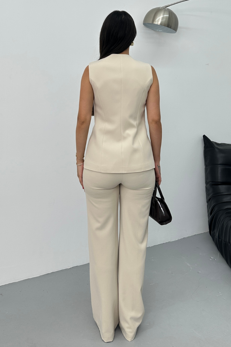 Kadın İkili Alt Üst Takım Şık Düğme Detaylı Bisiklet Yaka Regular Yelek Pantolon Takım