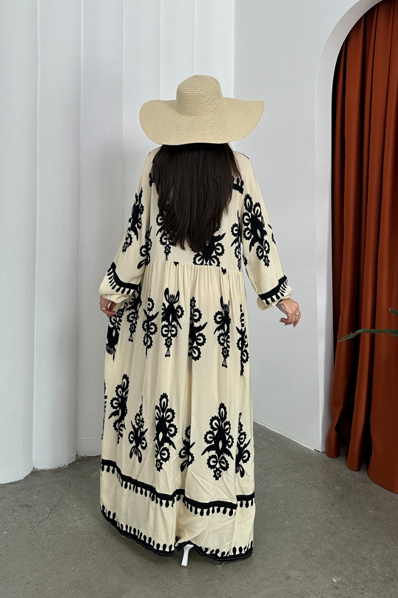 Kadın Elbise Uzun Yazlık Desenli V Yaka Tesettür Elbise