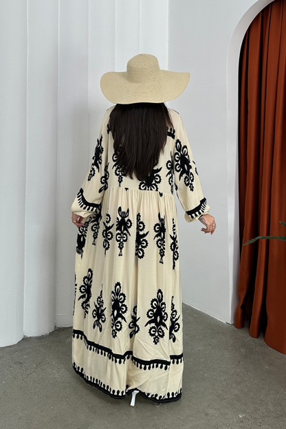 Kadın Elbise Uzun Yazlık Desenli V Yaka Tesettür Elbise