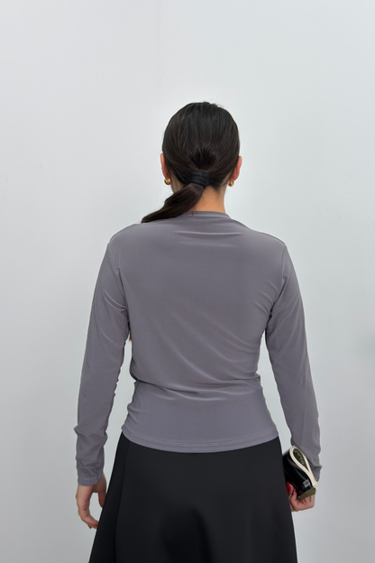 Kadın Bluz Drapeli Uzun Kollu Sandy Kumaş Yüksek Yakalı Likralı Bluz