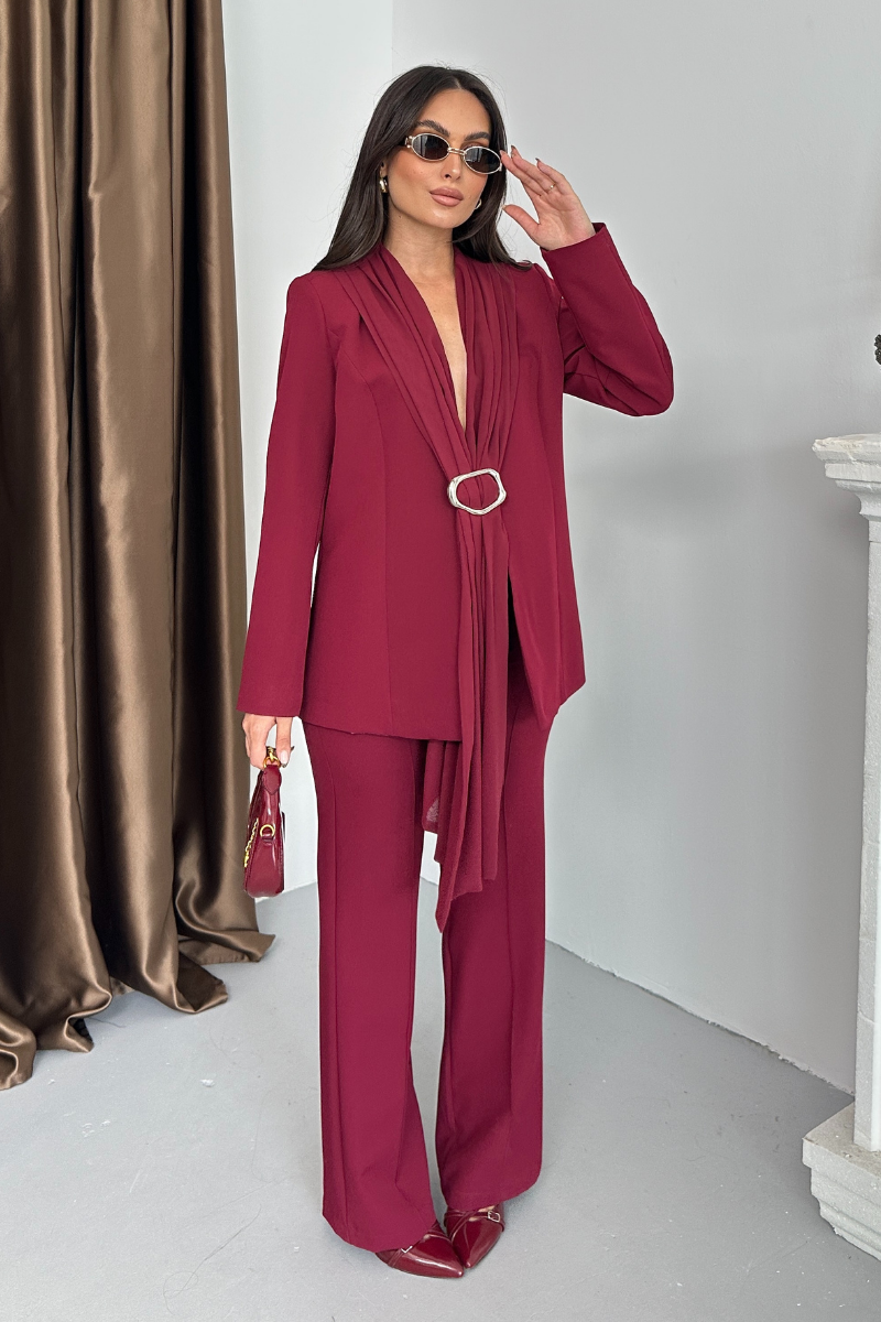 Kadın İkili Alt Üst Takım Şık Şal Yaka Tokalı Ceket Bol Paça Pantolon Takım