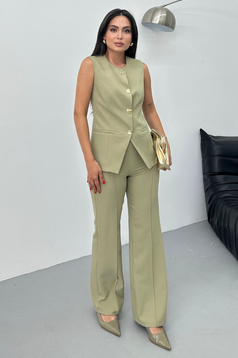 Kadın İkili Alt Üst Takım Şık Düğme Detaylı Bisiklet Yaka Regular Yelek Pantolon Takım