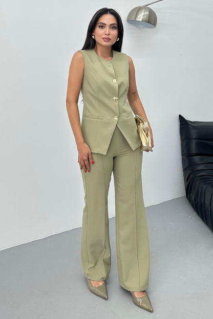 Kadın İkili Alt Üst Takım Şık Düğme Detaylı Bisiklet Yaka Regular Yelek Pantolon Takım