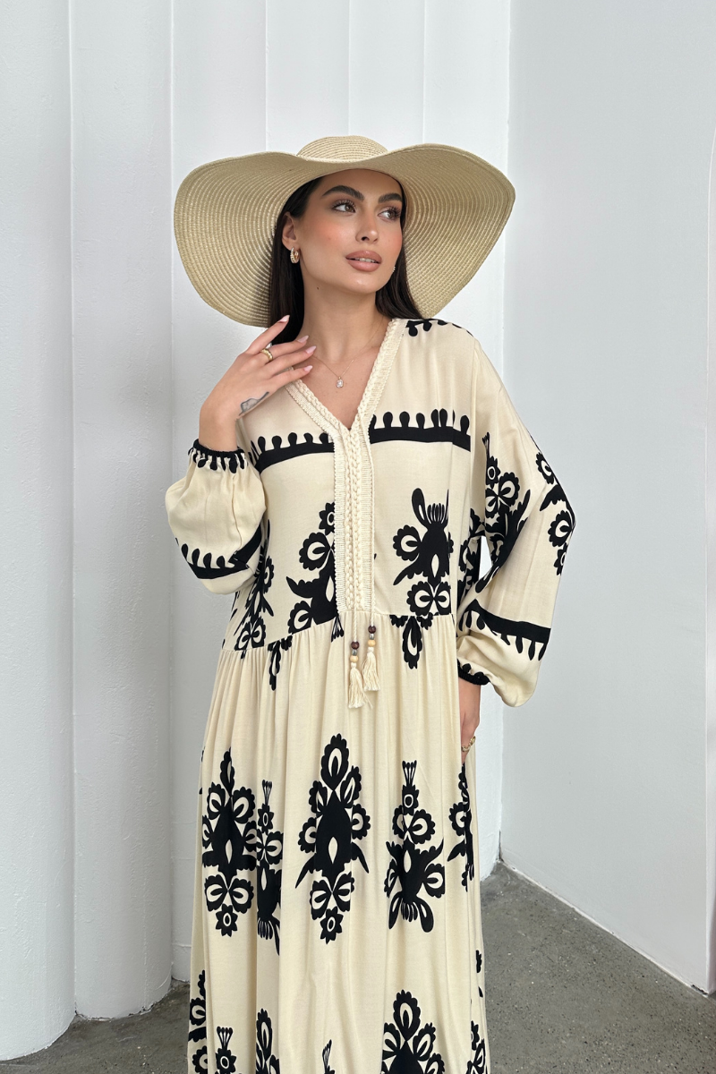 Kadın Elbise Uzun Yazlık Desenli V Yaka Tesettür Elbise